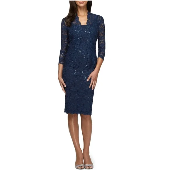 Alex Evenings Navy Blue Lace Sequin Cocktail Sheath Dress With Jacket Size 8 - Picture 1 of 12